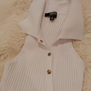 White Ribbed Sleeveless Top with Gold Buttons